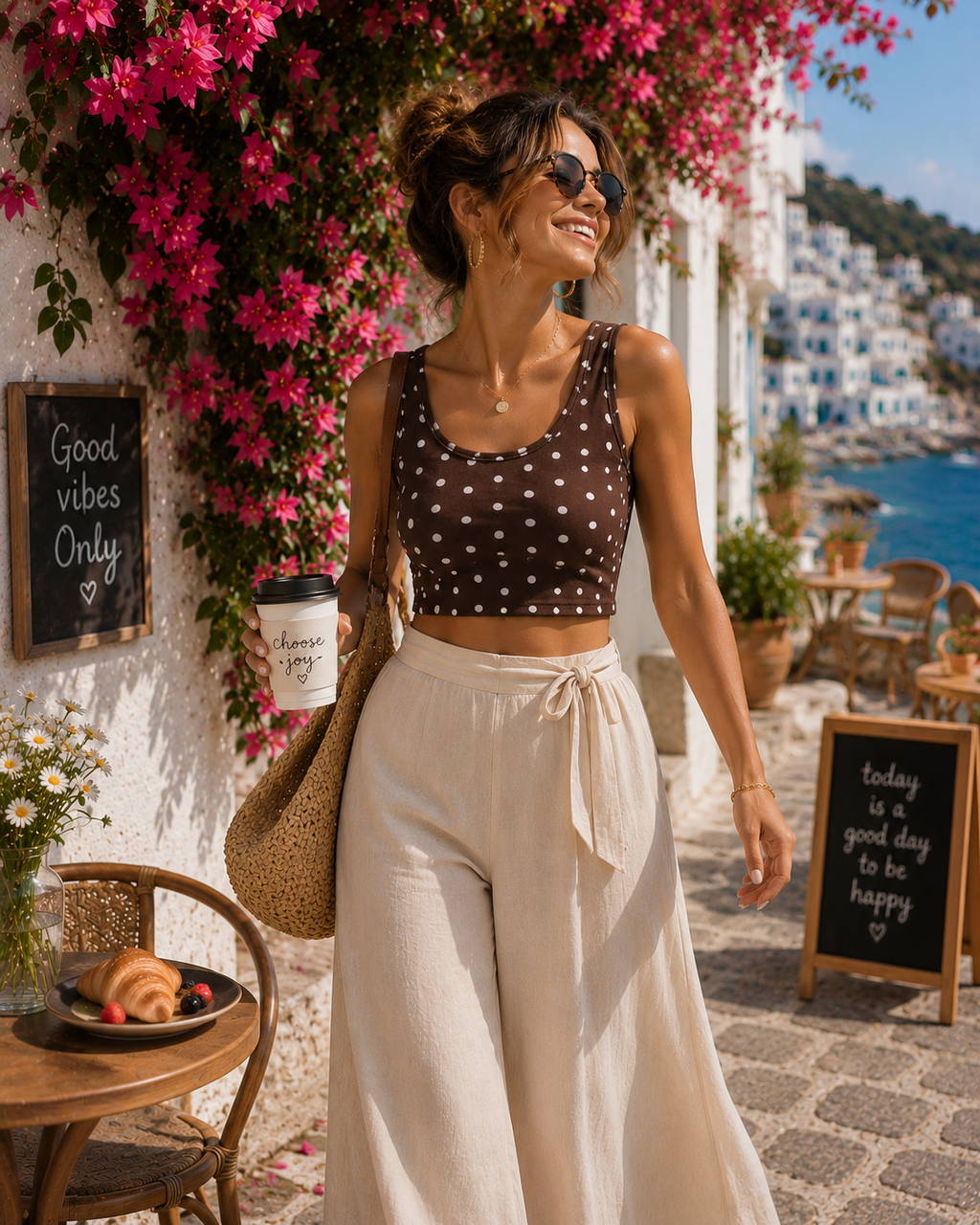 AZAL RŪH Chocolate Polka Dot Crop Tank | Brown & Ivory Retro Summer Top