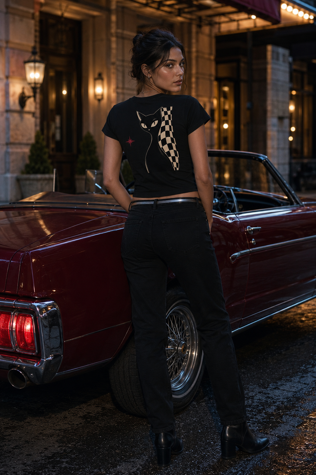 Black Cat Club Baby Tee – Halloween Edit | Women’s Black Cropped Tee- 200 GSM