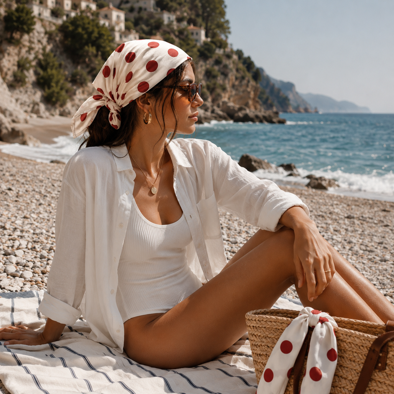 AZAL RŪH Rosalie Polka Dot Bandana Scarf \| Cream & Red Retro Hair Scarf