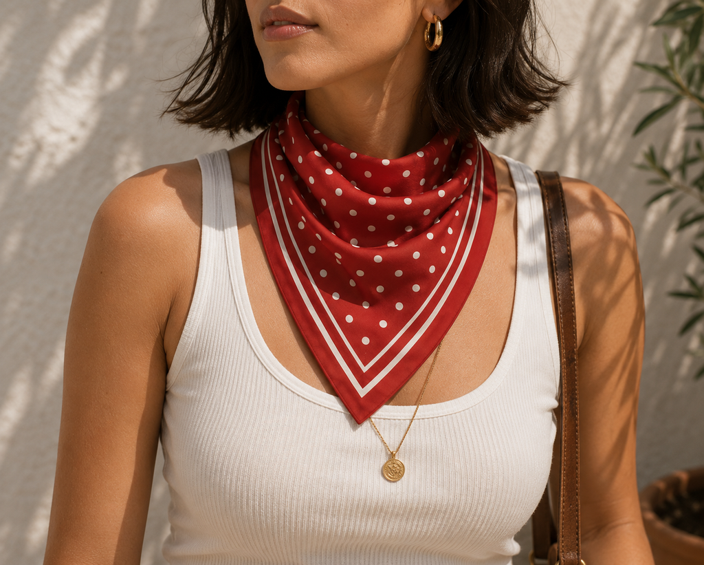 AZAL RŪH Amalfi Red Polka Dot Bandana Scarf | Vintage Riviera Hair, Neck & Head Scarf