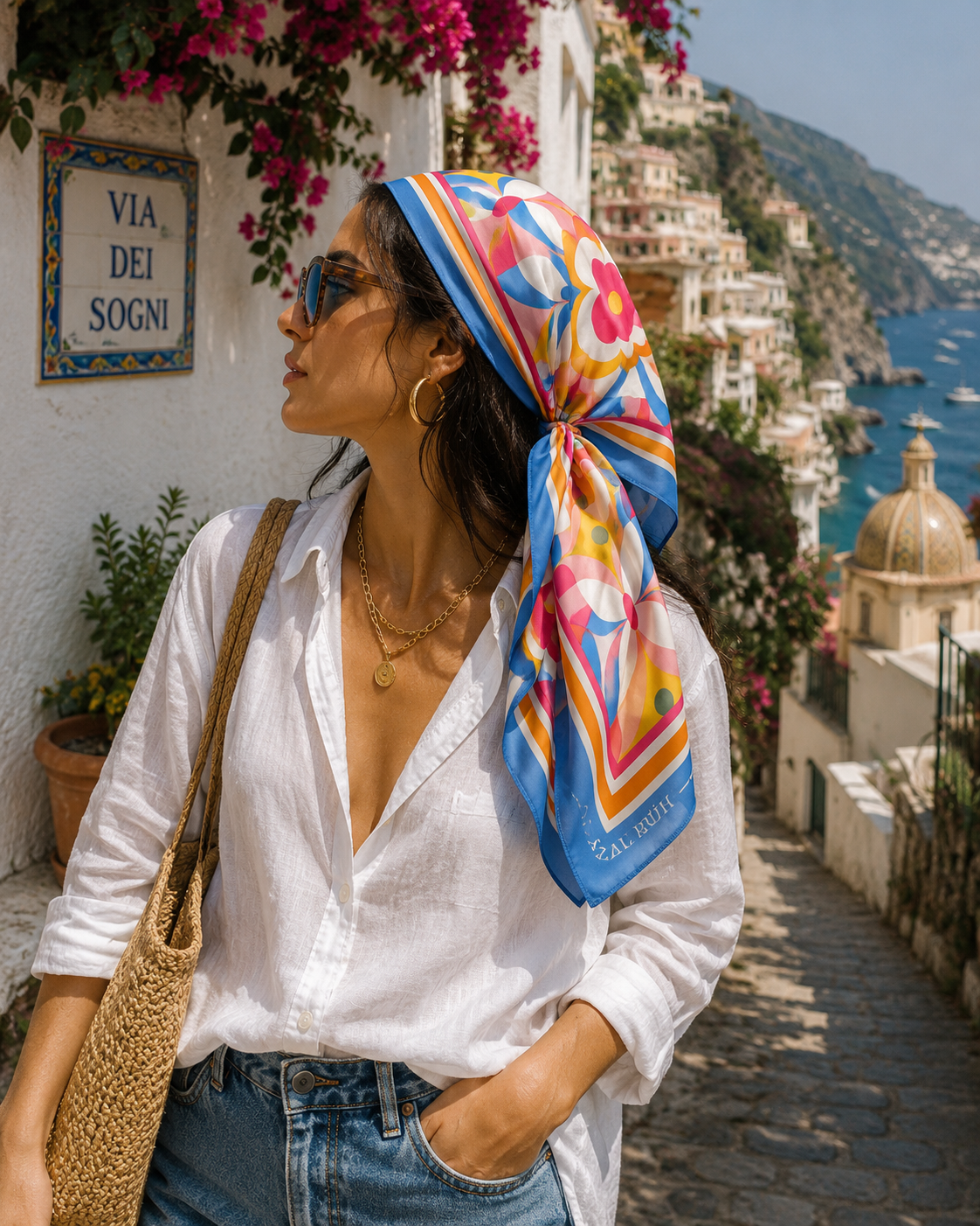 AZAL RŪH Retro Floral Bandana Scarf | Mediterranean 60s Hair & Neck Scarf