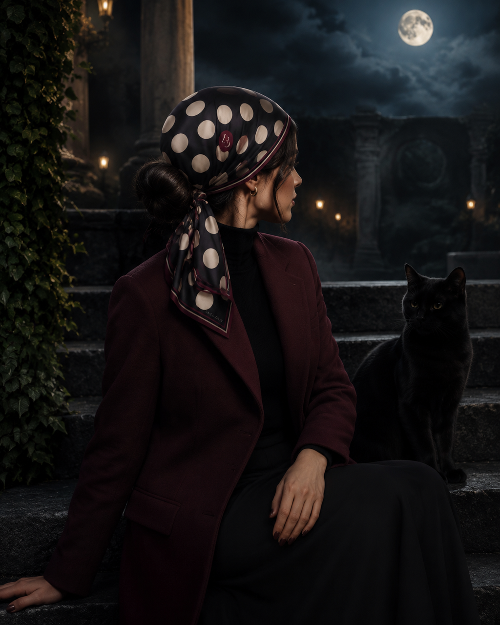 Midnight Polka XIII Bandana — Black, Ivory & Burgundy