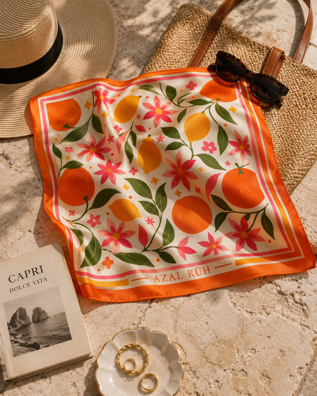AZAL RŪH Citrus Bloom Bandana Scarf | Mediterranean Lemon & Floral Hair Scarf