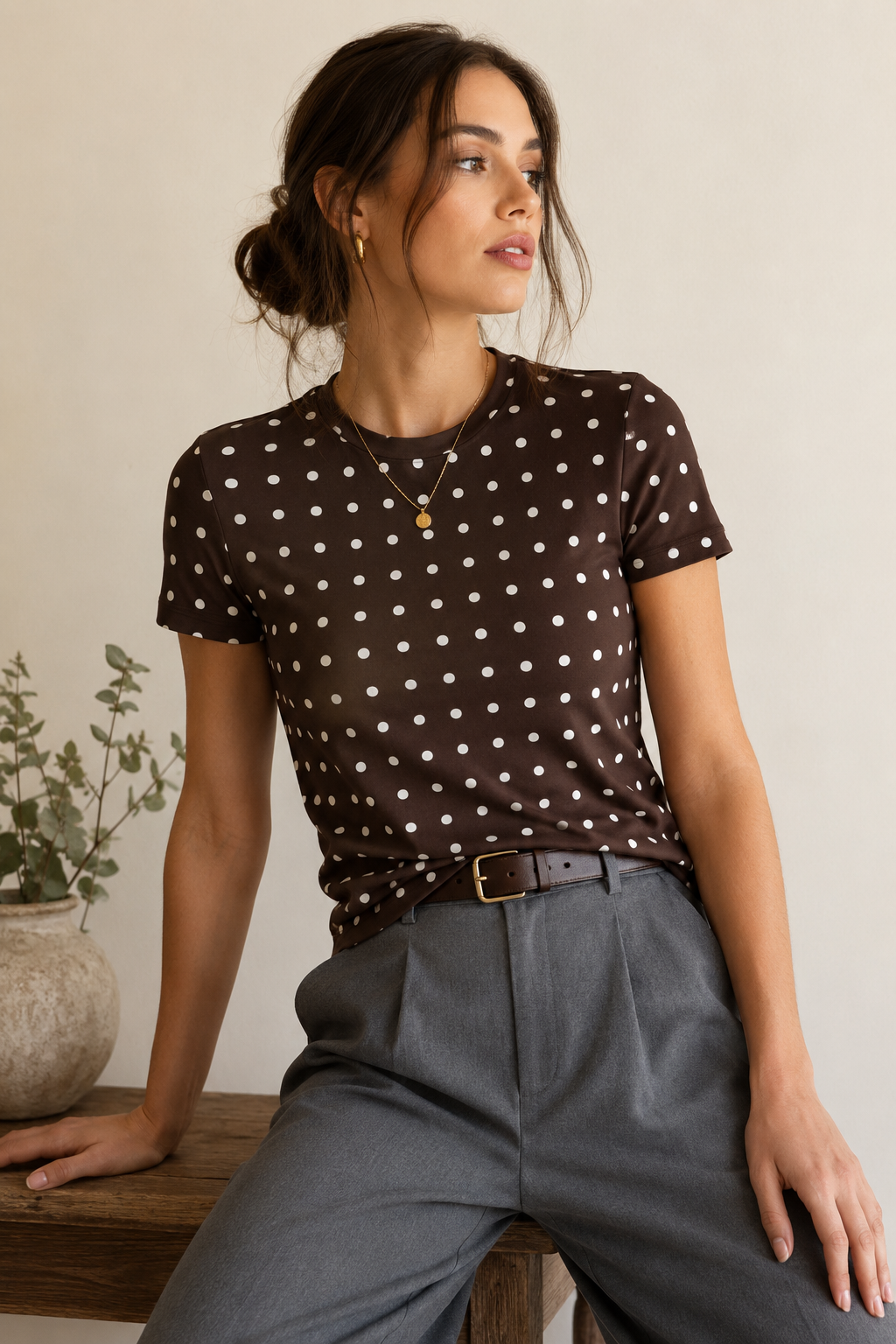 AZAL RŪH Chocolate Polka Dot Tee | Brown & Ivory Retro T-Shirt