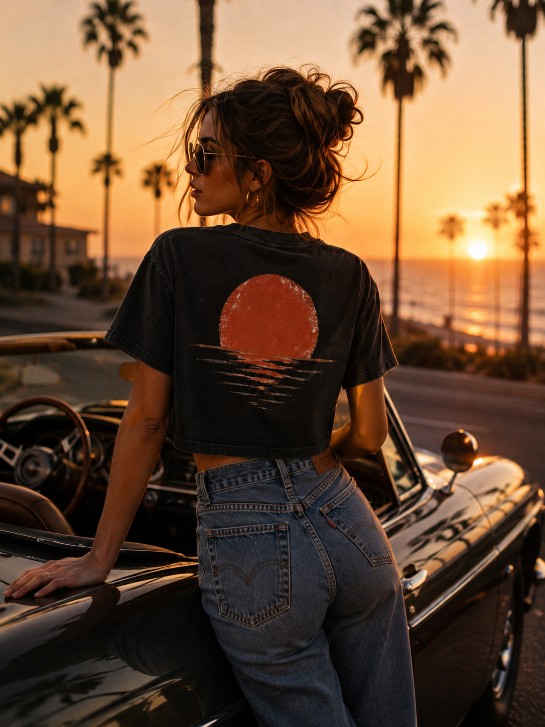 AZAL RŪH Golden Horizon Mineral Wash Crop Tee \| Vintage Sunset T\-Shirt