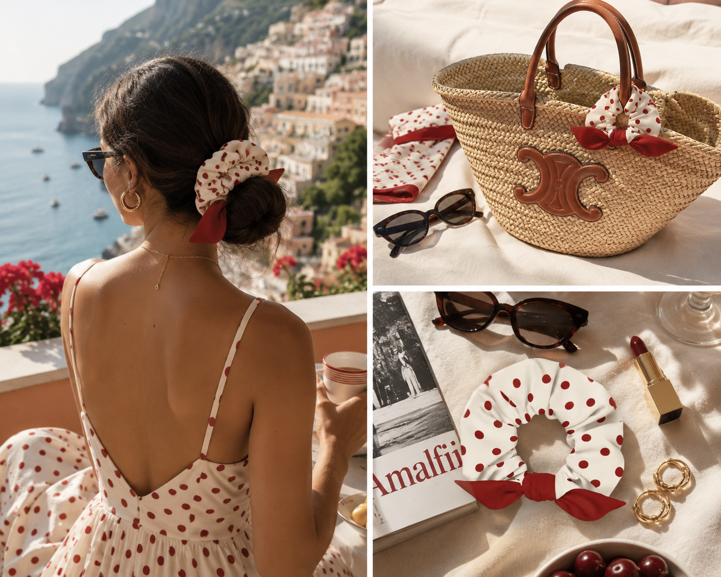 AZAL RŪH Rosalie Polka Dot Bow Scrunchie \| Red & Cream Hair Accessory