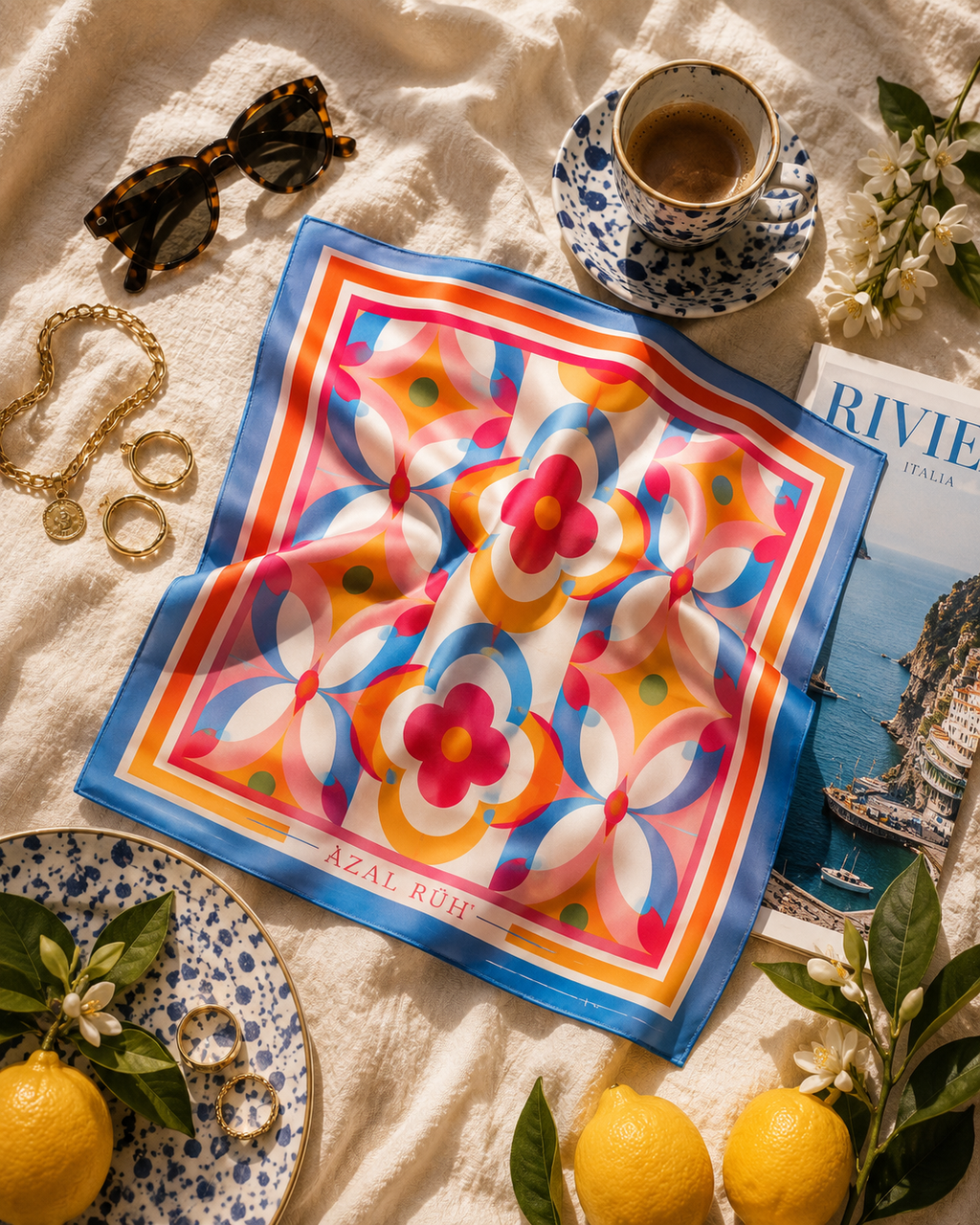 AZAL RŪH Retro Floral Bandana Scarf | Mediterranean 60s Hair & Neck Scarf