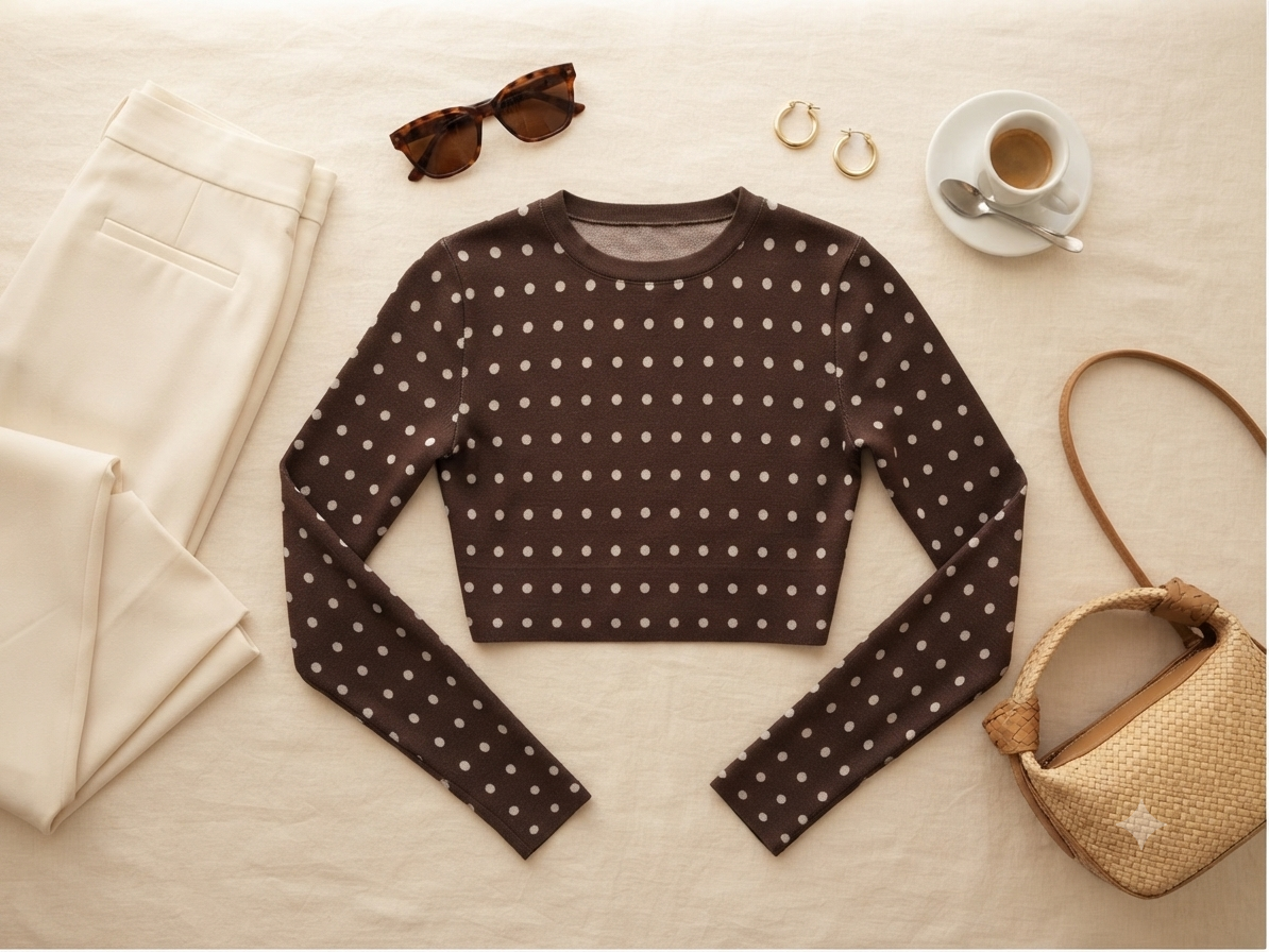Chocolate Polka Dot Long Sleeve Crop Top