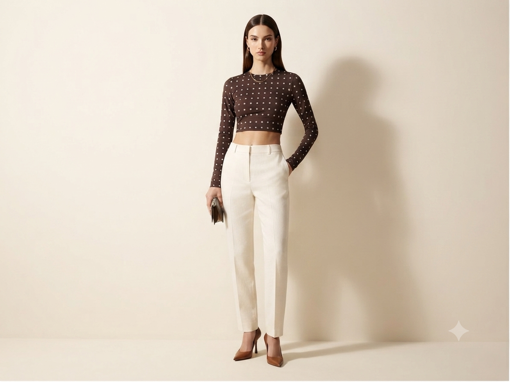 Chocolate Polka Dot Long Sleeve Crop Top