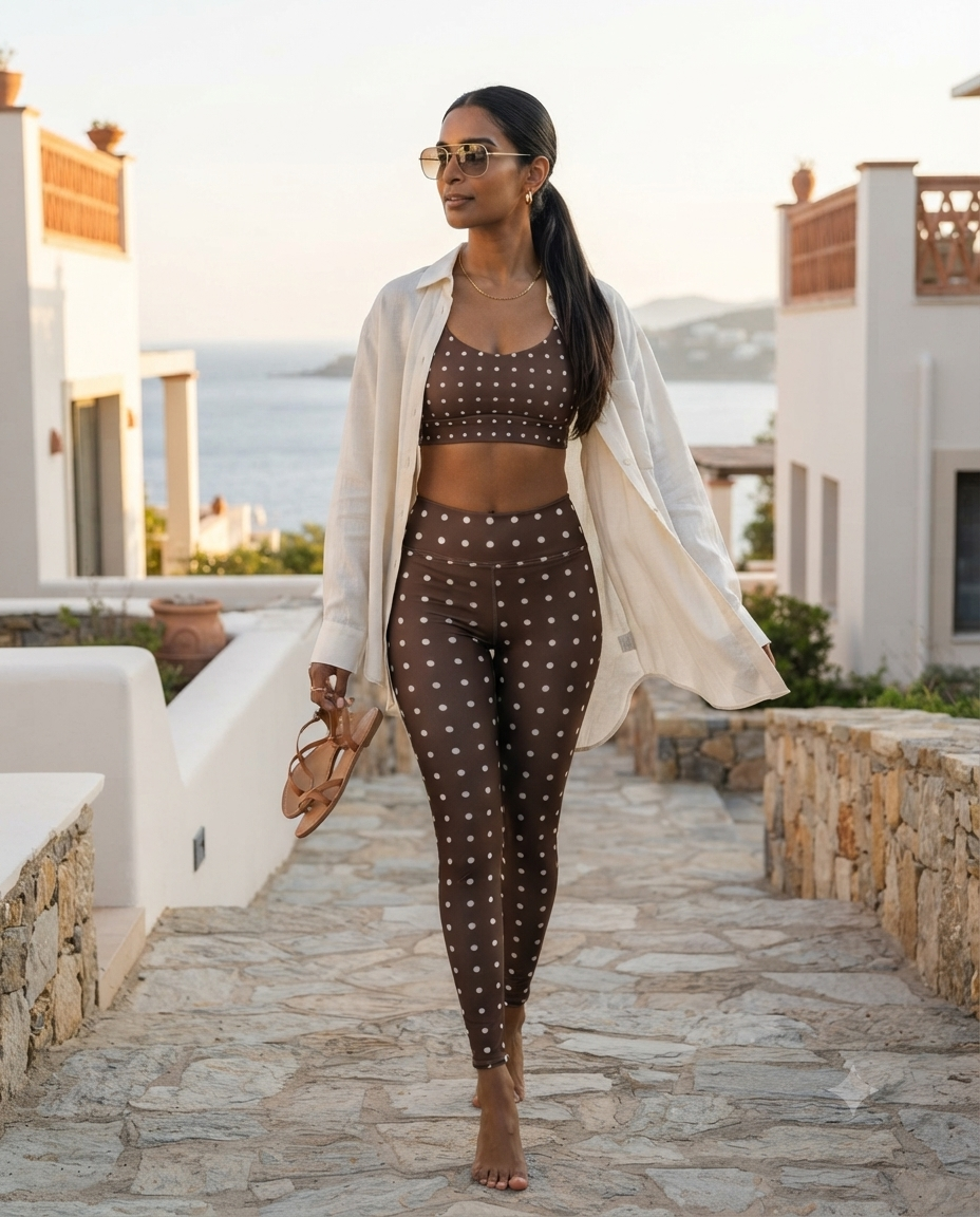 Chocolate Polka Dot Longline Sports Bra | Brown Workout Crop Top | AZAL RŪH