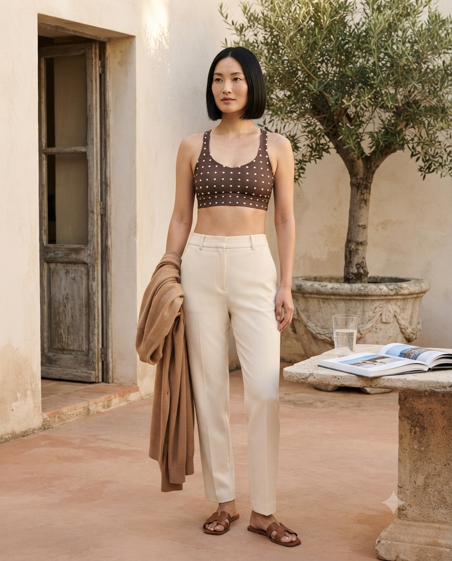 Chocolate Polka Dot Longline Sports Bra | Brown Workout Crop Top | AZAL RŪH