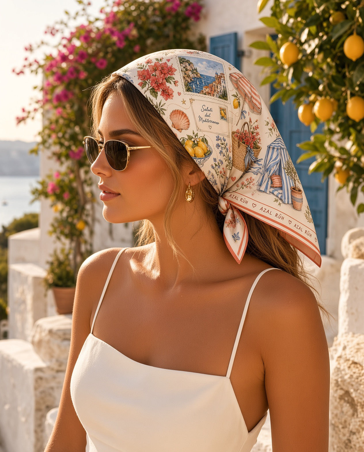 Mediterranean Summer Bandana Scarf | Coastal Travel Print | AZAL RŪH