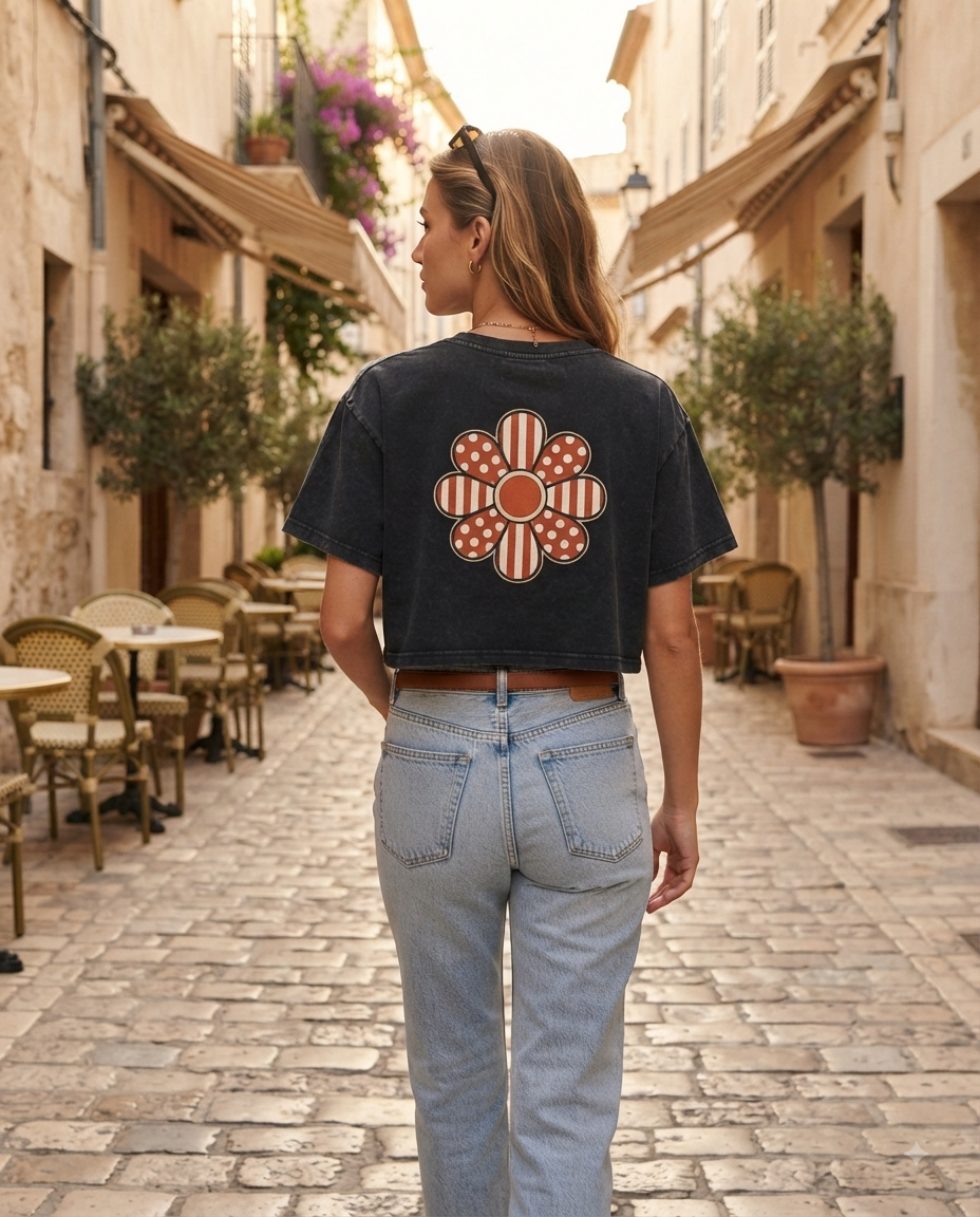 AZAL RŪH Mod Bloom Mineral Wash Crop Tee \| Retro Floral Graphic Shirt